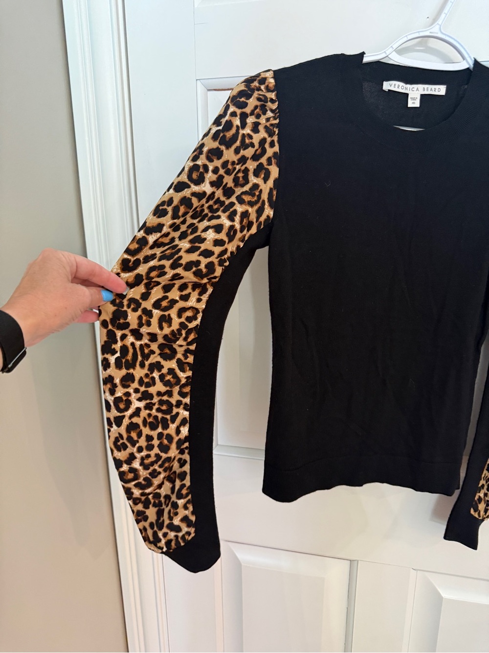 Veronica Beard Black Merino Wool Sweater Leopard Print Puff Sleeve 25601 - Picture 8 of 10